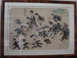 painting of a group of people in a room with a clock