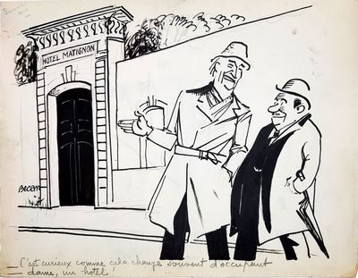 drawing of two men standing outside of a building talking to each other