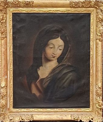an old painting of a woman in a black dress with her eyes closed