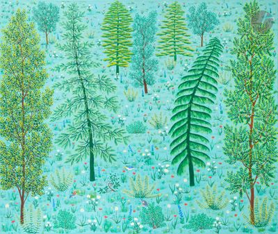 une image représentant un tableau avec des arbres et des fleurs dans un champ