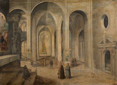 peinture représentant l'intérieur d'une église avec des personnages et des figures au premier plan
