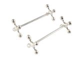 a pair of stainless steel barbells on a white background