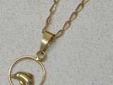 a gold necklace with a dolphin in a circle