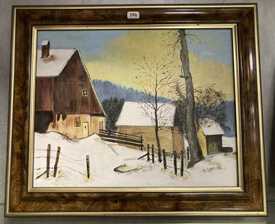 une photo d'un tableau représentant une ferme sous la neige