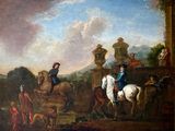 tableau représentant un homme à cheval, avec un groupe de personnes en arrière-plan