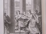 an open book with a drawing of a man and a woman in front of a group of people