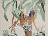 a painting of a couple of women walking in the jungle