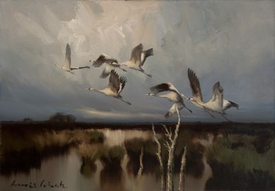 tableau représentant une volée d'oiseaux survolant un plan d'eau