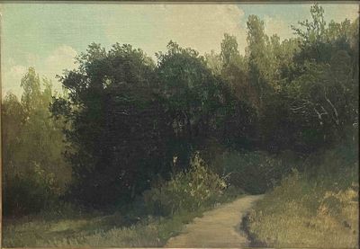 une peinture d'un chemin de terre avec des arbres en arrière-plan