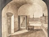 dessin représentant une pièce avec un escalier et une table