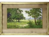 a painting of a landscape with trees and grass in a gold frame