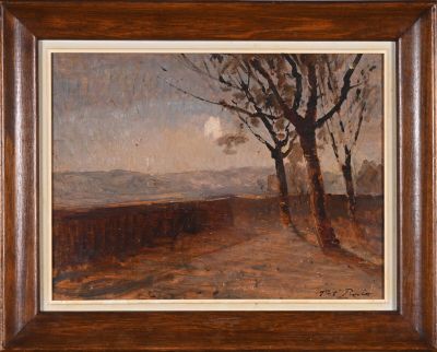 une image d'un tableau représentant un paysage avec des arbres au premier plan