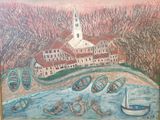 une peinture représentant des bateaux sur l'eau, devant un immeuble