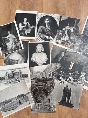 several old black and white photographs of people on a wooden floor