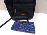 a blue backpack and a blue purse sitting on a table