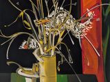 a painting of flowers in a vase on a table