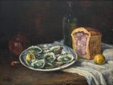 un tableau représentant une assiette de palourdes et du pain posés sur une table