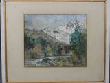 une image représentant un tableau représentant un paysage de montagne, dans un cadre