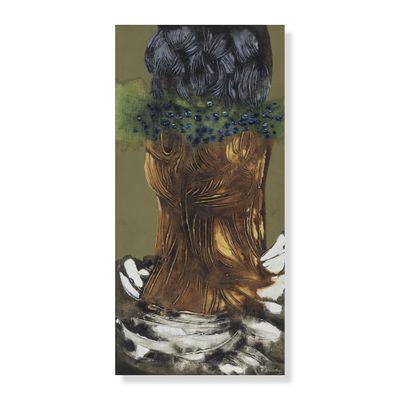 a picture of a painting of a woman ' s head with flowers in her hair