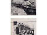 deux dessins en noir et blanc représentant une plage et un bateau