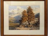 une image représentant un tableau représentant un paysage de montagne avec des rochers et des arbres