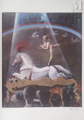 un tableau représentant une femme à cheval dans un cirque