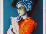 a picture of a woman with blue hair holding a white cat