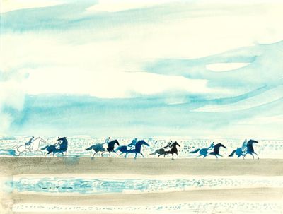 tableau représentant un groupe de chevaux galopant sur une plage