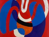 abstract painting of red, blue, and white swirls on a red background