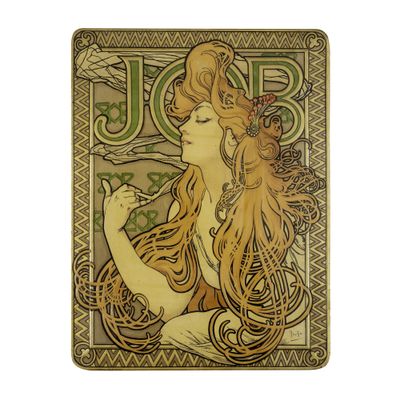 a close up of a metal plaque with a woman holding a cigarette