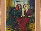 an oil painting of two women sitting on a couch in front of a window