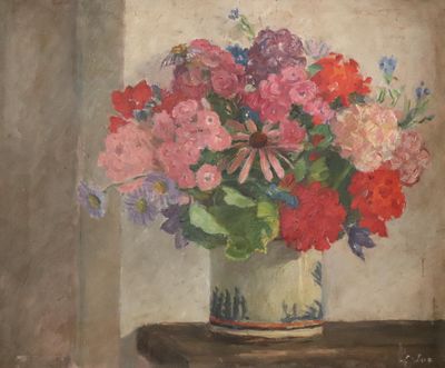 une peinture représentant un vase de fleurs sur une table