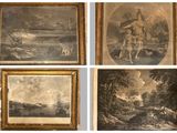 quatre tableaux représentant une scène fluviale avec un homme et une femme