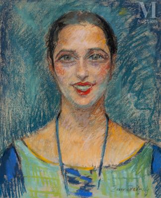 a painting of a woman in a green dress with a blue necklace