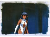 an image of a woman in a white and blue outfit