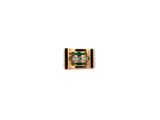 a close up of a green and gold ring on a white background