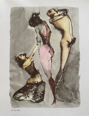 un tableau représentant deux femmes en lingerie et une femme en robe