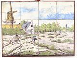 peinture représentant un moulin à vent et une scène de vie à la ferme sur un mur carrelé