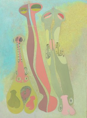 an image of a painting of a group of vases on a table