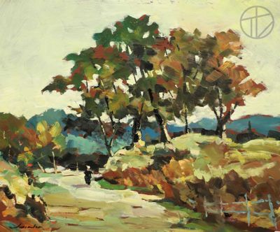 une peinture à l'huile représentant un chemin de terre avec des arbres en arrière-plan