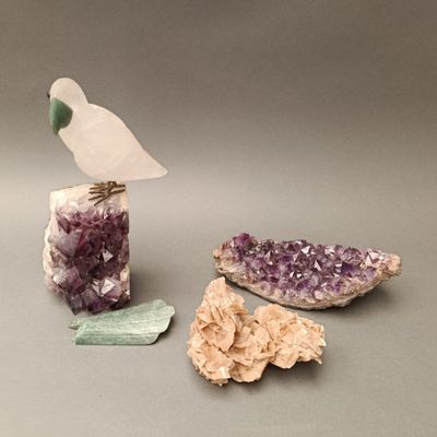 a bird that is standing on a rock next to some crystals