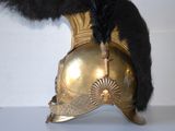 a gold helmet with a black feather on top of it