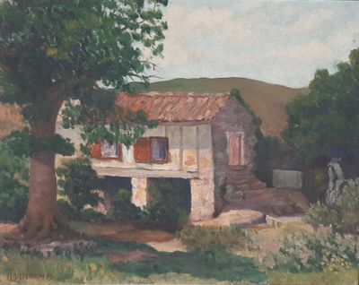 painting of a house in a rural setting with a tree in the foreground