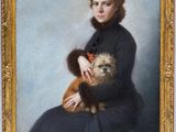 portrait d'une femme avec un chien et un chat, dans un cadre doré