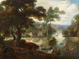 painting of a river scene with a village in the distance