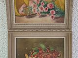 two paintings of flowers and fruit in a basket on a table