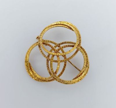 a close up of a gold brooch on a white background
