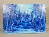 a painting of a river in a forest with trees in the background