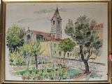 une peinture d'un bâtiment avec une tour d'horloge en arrière-plan
