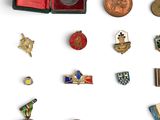 many different types of medals and pins on a white surface
